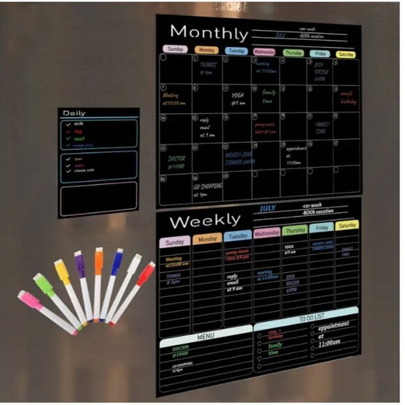 Magnetic Dry Erase Boards Calendar Planner 3 Pack Black with 8 Markers Style 2 - Picture 3 of 4